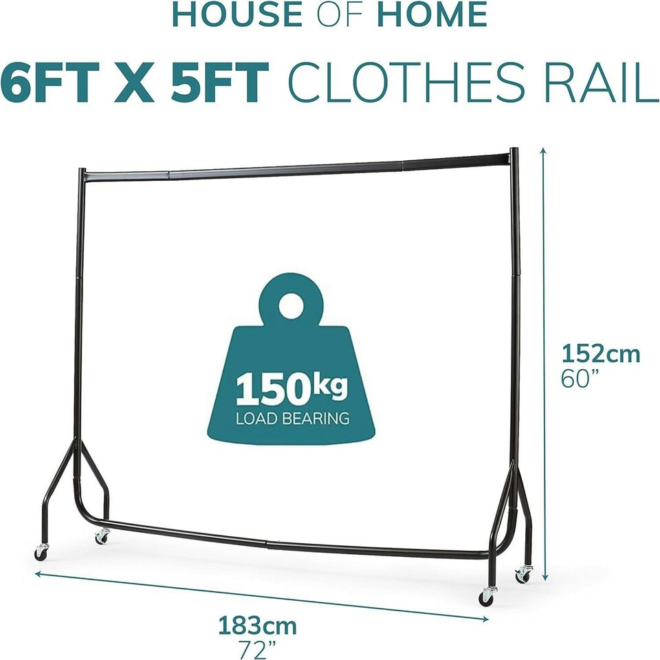 image 1 of Clothes Rail Superior Heavy Duty Rack With Wheels 6FT Long x 5FT Tall Black | One Size