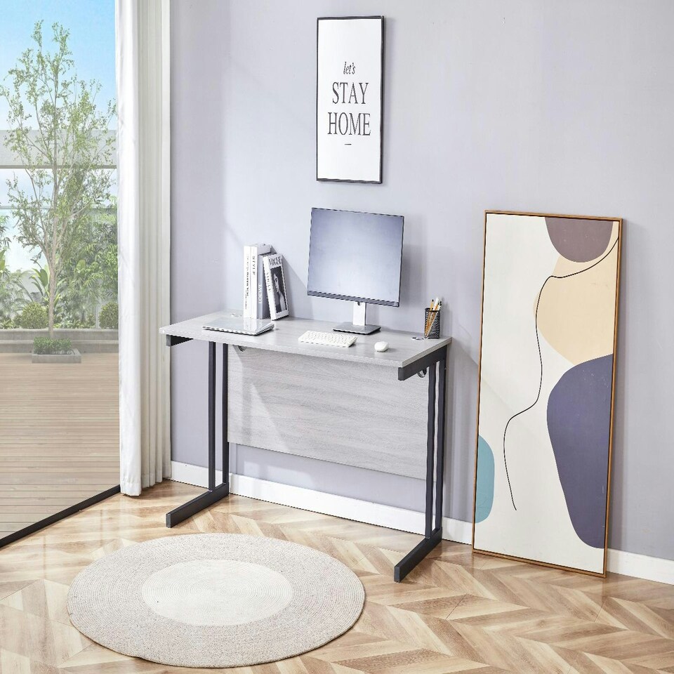 image 1 of Grey Office Desk Wooden Room Furniture with Sturdy Iron Legs for Home, Study, and Office Grey
