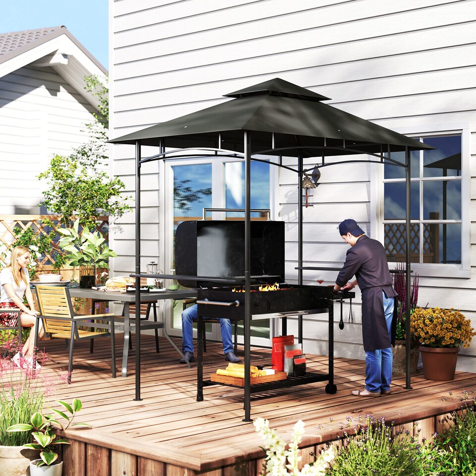 image 1 of Outsunny 2.4 x 1.5 m Grill Gazebo Canopy with LED Lights, Double Tiered Outdoor BBQ Gazebo Shelter with 2 Side Shelves, Storage Basket and Hooks for Garden, Barbecue, Picnic, Dark Grey