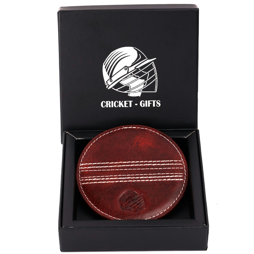 image 1 of CRICKET-GIFTS - Buffalo Leather Coaster | White Cricket Ball Stitching