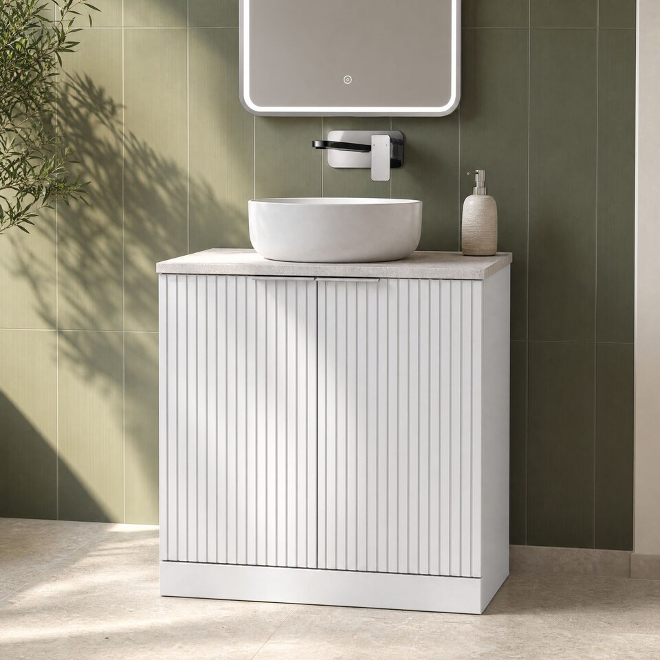image 1 of Balterley Callingwood Contemporary Floor Standing 2 Door Vanity Unit with White Sparkle Laminate Worktop , 800mm, Matt White