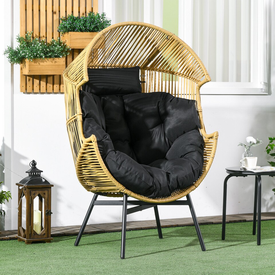 image 1 of Outsunny Garden Egg Chair with 14cm Thick Seat Cushion, PE Rattan Leisure Chair with Comfortable Headrest, Adjustable Feet, Steel Frame, Sand