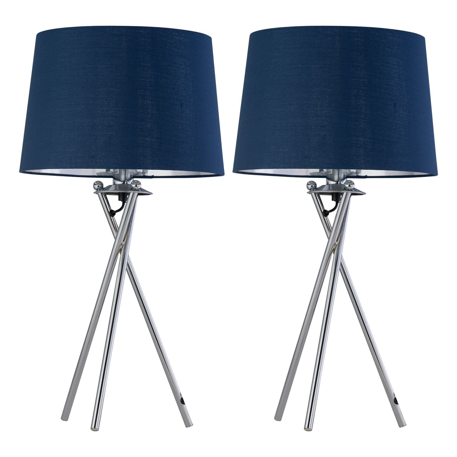 First Choice Lighting Set of 2 Tripod - Chrome Lamps with Navy Blue & Silver Fabric Shade