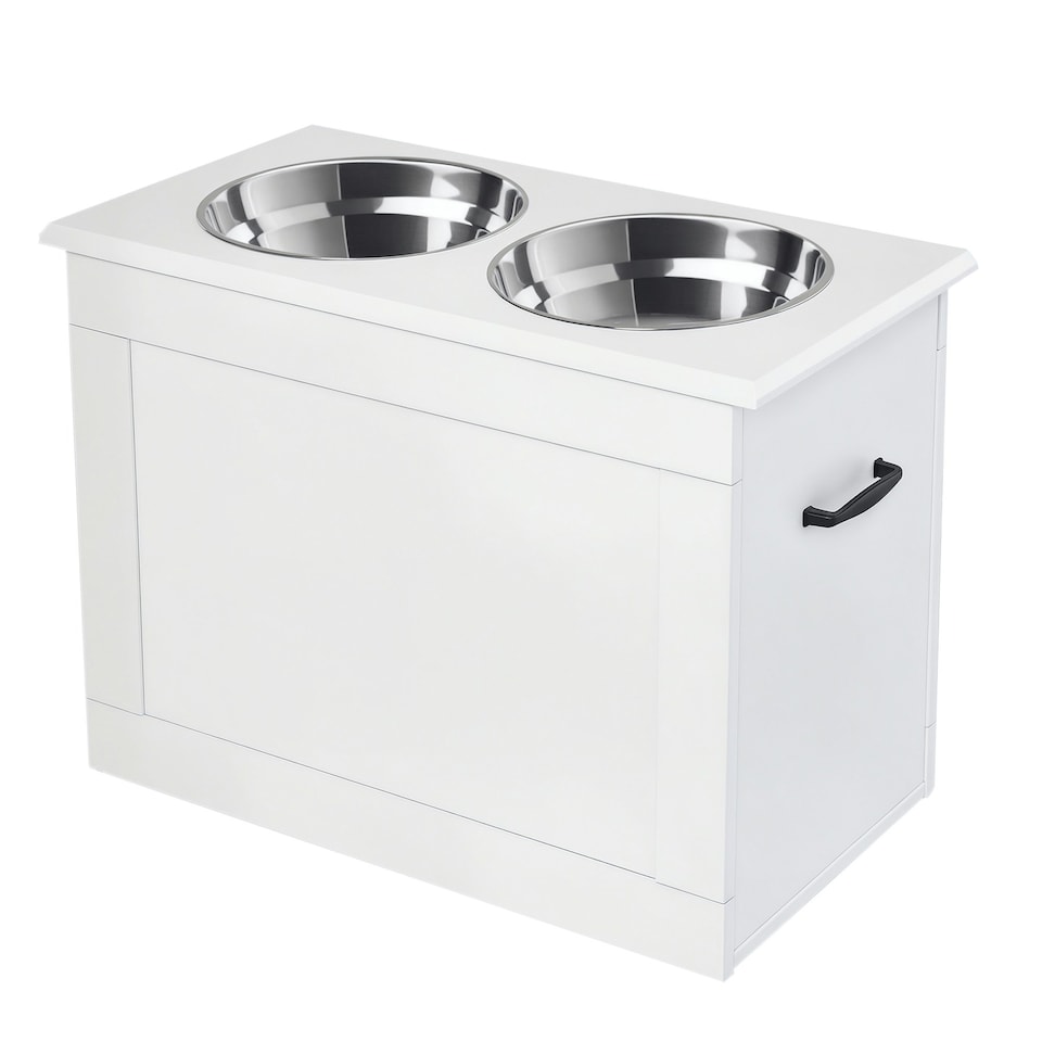 image 1 of PawHut Raised Pet Bowls w/ Storage, Two Stainless Bowls, Elevated Base - White