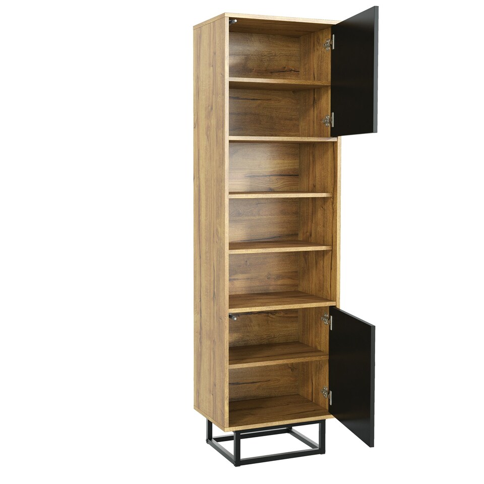 image 1 of Tall Display Cabinet 175cm – Oak Matt & Black Matt with Metal Frame & Hidden Storage N/A | Oak
