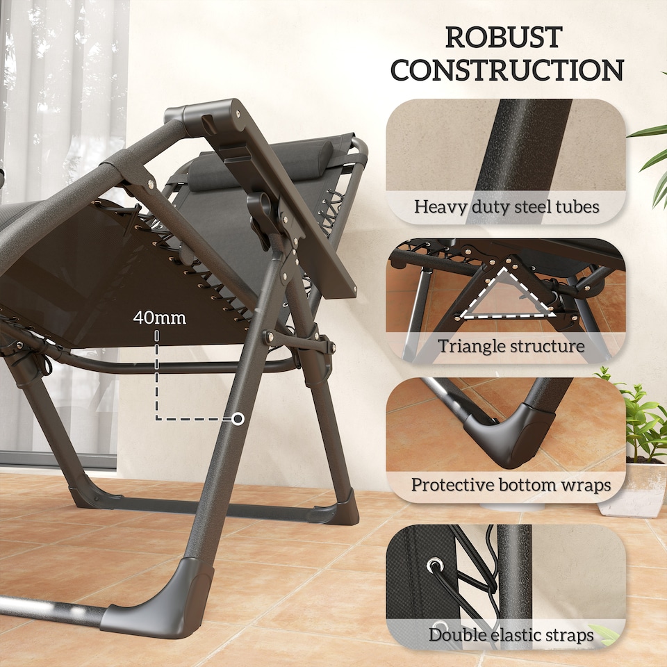 image 1 of Outsunny Zero Gravity Chairs Set of 2, Folding Reclining Garden Chair, Outdoor Sun Lounger with Cushion, Garden Recliner Chairs with Headrest and Cup Phone Holder Tray for Beach, Brown | Brown | Brown