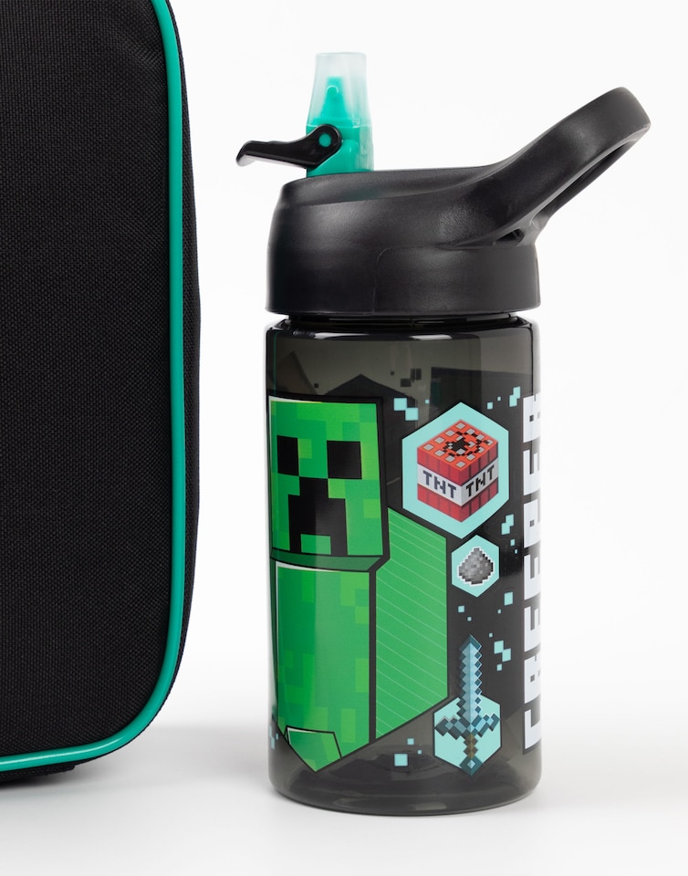 image 1 of Minecraft Lunch Bag | Kids Creeper Skeleton Enderman 5 Piece School Dinner Bag, BPA Free Water Bottle & 3 Snack Pots | Green Gamer Drink Food Containers