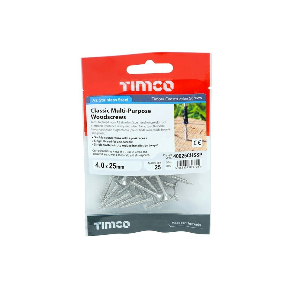 image 1 of Timco - Classic Multi-Purpose Screws - PZ - Double Countersunk - Stainless Steel (Size 4.0 x 25 - 25 Pieces)