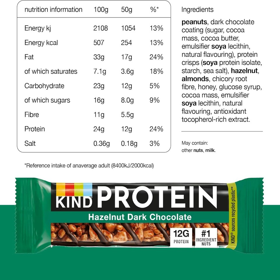 image 1 of KIND Protein Bars, Gluten Free Snack Bars, Hazelnut Dark Chocolate, High Fibre, Healthy Snack, Source of Protein, Multipack 12 x 50g,Packaging may vary