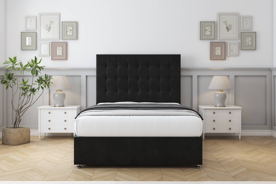 image 1 of Sloomy Alabama Black Plush Divan Bed Base No Drawers With 26 Inch Strutted Headboard | Black | Black | King | 1