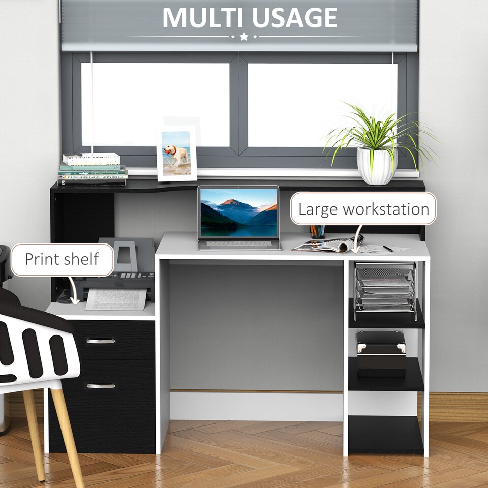 image 1 of HOMCOM Computer Desk with Drawers and Storage Shelves, Office Desk Writing Table with Printer Stand, Large Workstation for Study Play Work Home Office, 137 x 55 x 92cm, Black and White
