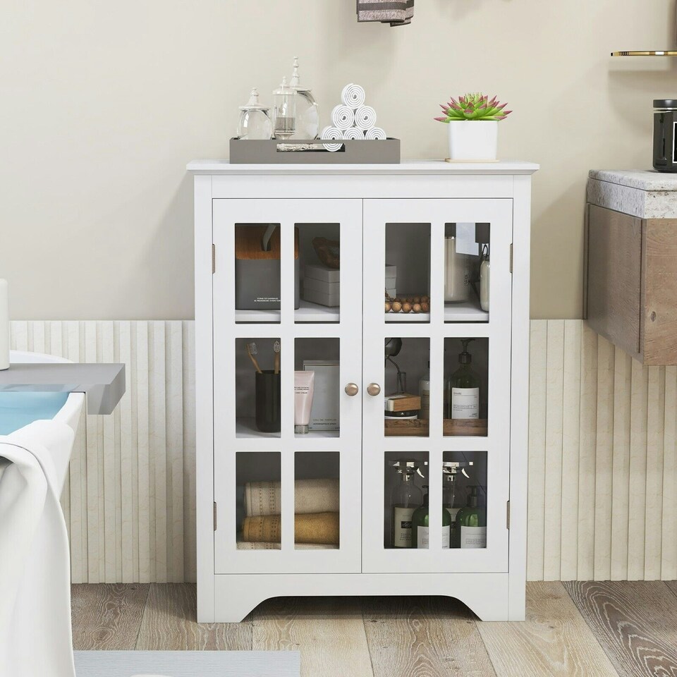 image 1 of COSTWAY Bathroom Floor Cabinet Display Storage White White