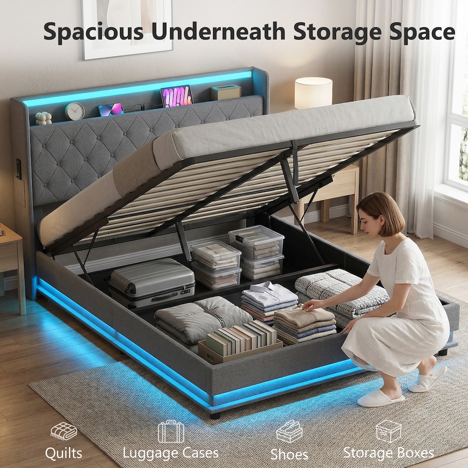 image 1 of HOMCOM Lift up Storage Bed Frame with RGB LED Lights, 150 x 200cm, Dark Grey