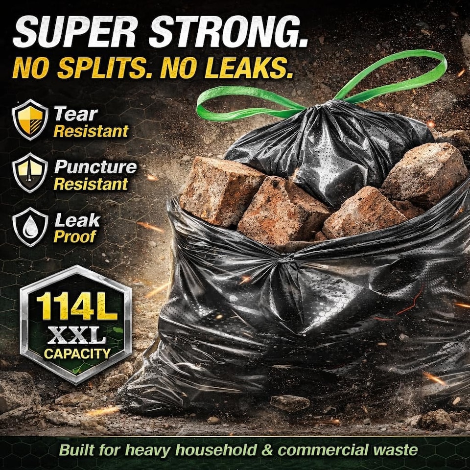 image 1 of Hero Webtech Super Strong Black Embossed Drawstring Bin Bags 114L – 28 Heavy Duty Tear-Resistant Refuse Sacks