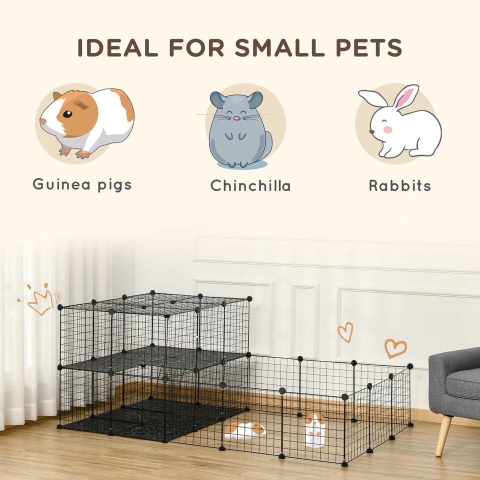 image 1 of PawHut Pet Playpen with Door, Guinea Pigs Metal Mesh Cage, Customizable Fence for Small Animal, Chinchilla, for Indoor and Outdoor Use, with Mallet, Black