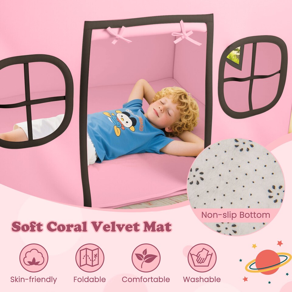 image 1 of COSTWAY Kids Play Tent Large Playhouse w/ Door Curtain & Windows-Pink + Grey