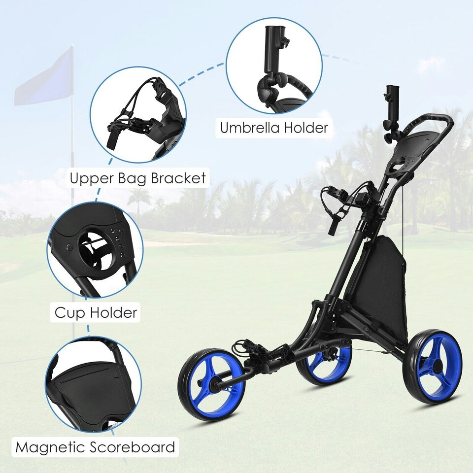 image 1 of COSTWAY 3 Wheel Golf Push Cart Folding Golf Holder Blue