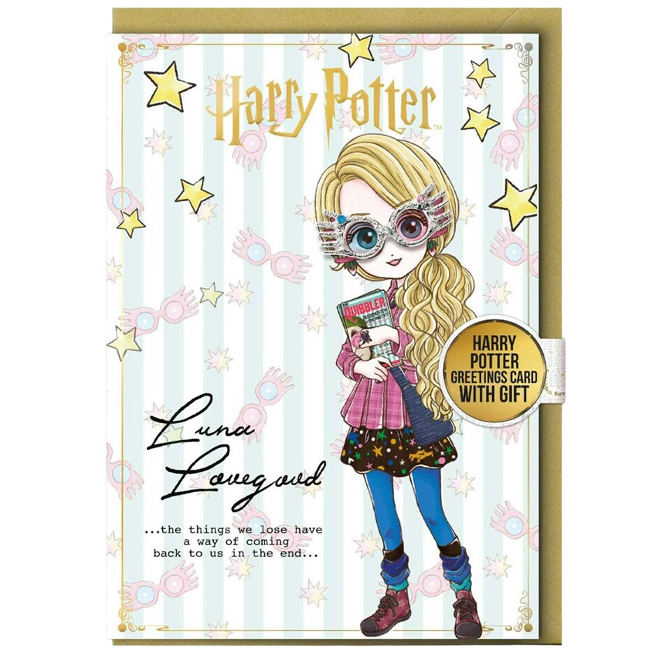 image 1 of Harry Potter Luna Lovegood Birthday Card & Badge - Gold/White/Light Pink - One Size