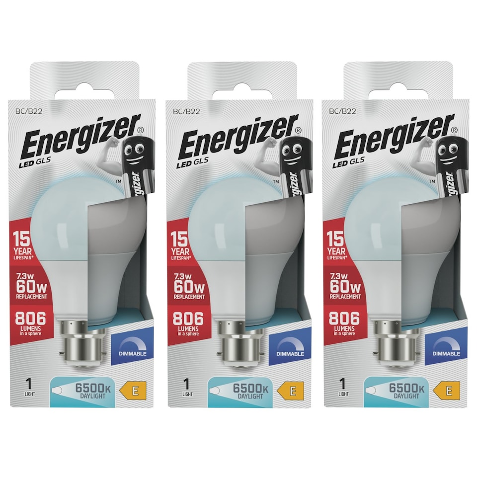 image 1 of Energizer LED GLS B22 806lm 7.3W 6500K (Daylight) Dimmable Light Bulb - Pack of 3