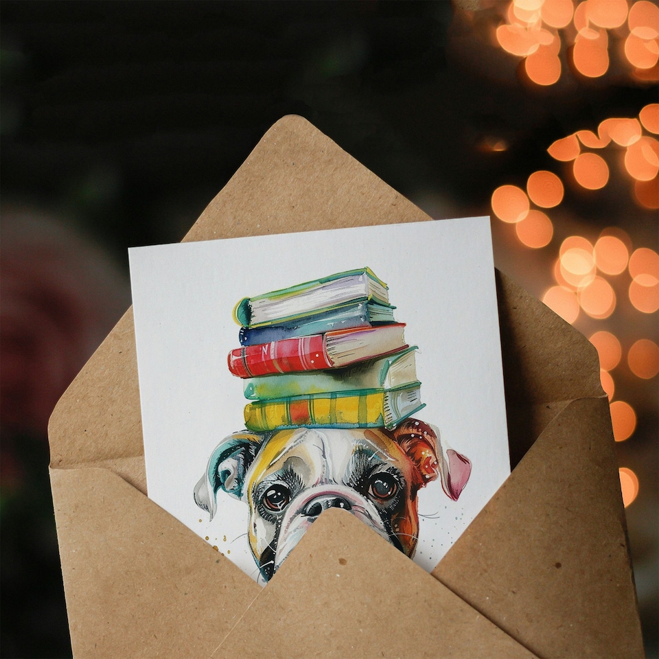 image 1 of Boxer Pet Portrait Book Stack Girl Boy Kids Daughter Son Birthday Card