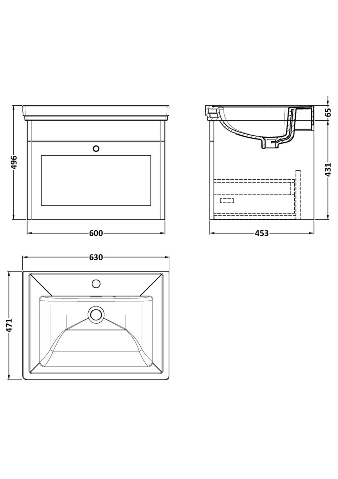 image 1 of Bathroom Wall Hung 1-Drawer Vanity Unit & Fireclay Basin, White, 600mm | White | Satin White | 471 x 631 x 496mm