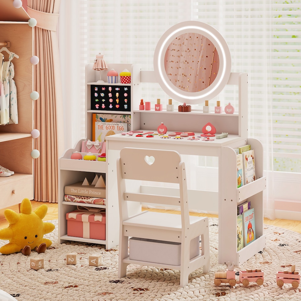 image 1 of Costway Princess Pretend Play Dressing Table and Chair Set with Open Storage Shelves Rings Slots and Fabric Drawer