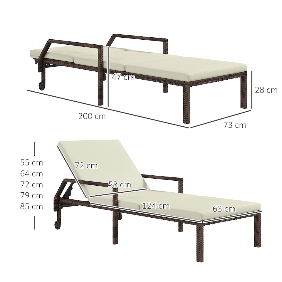 image 1 of Outsunny Rattan Wicker Chaise Sun Lounger Garden with Adjustable Wheels