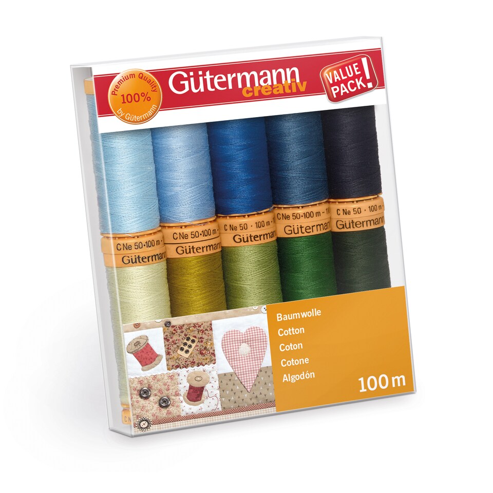Gutermann Natural Cotton Thread Set - 10x100m C No.50, Assorted Colours for Quilting & Patchwork