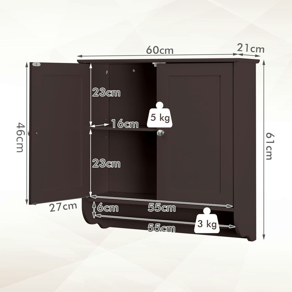image 1 of COSTWAY Wall Mounted Bathroom Cabinet Medicine Storage Brown Brown