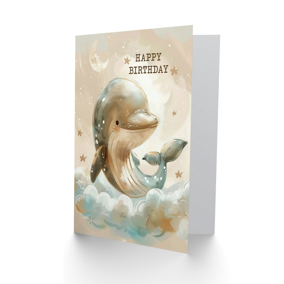 image 1 of Cute Soft Clouds Stars Girl Boy Kids Dolphin Kids Birthday Card