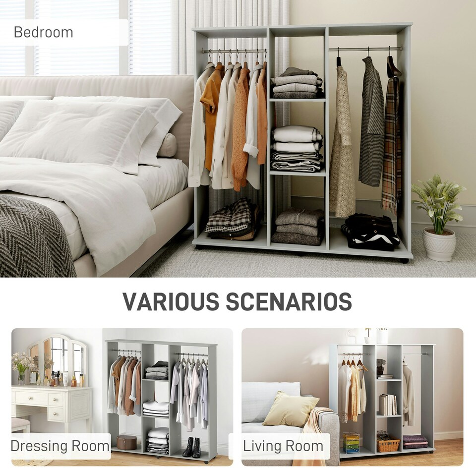image 1 of HOMCOM Mobile Double Open Wardrobe w/ Clothes Hanging Rail Grey