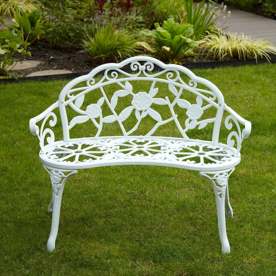 image 1 of Cast Aluminium Garden Bench Metal Frame 2 Seater Patio Chair Outdoor Seating | White