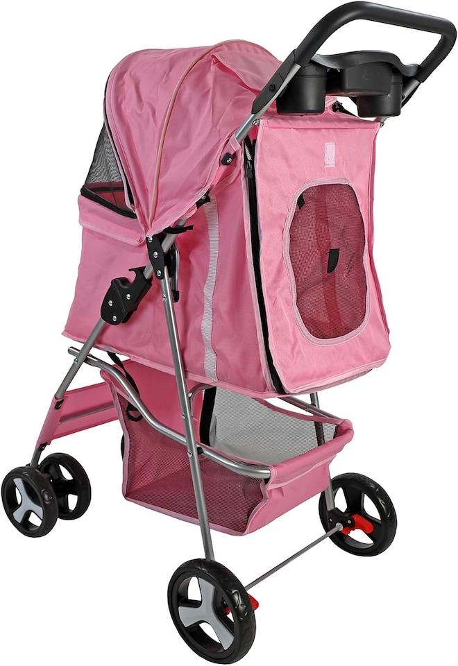image 1 of Pet Stroller Dog Cat Puppy Pram Pushchair Travel Cart Jogging Buggy Carrier (Pink with Cover)