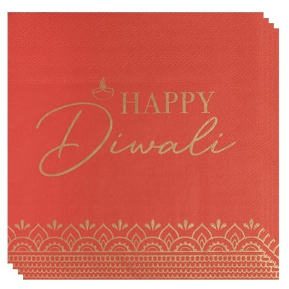 image 1 of Happy Diwali Red Paper Napkins 33cm 3Ply - Pack of 16