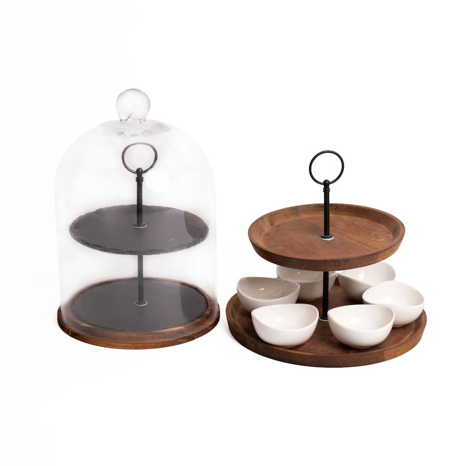 image 1 of 8pc Serveware Set with Appetiser Two-Tier Serving Dome and Appetiser Two-Tier Serving Set with 6x Bowls Clear
