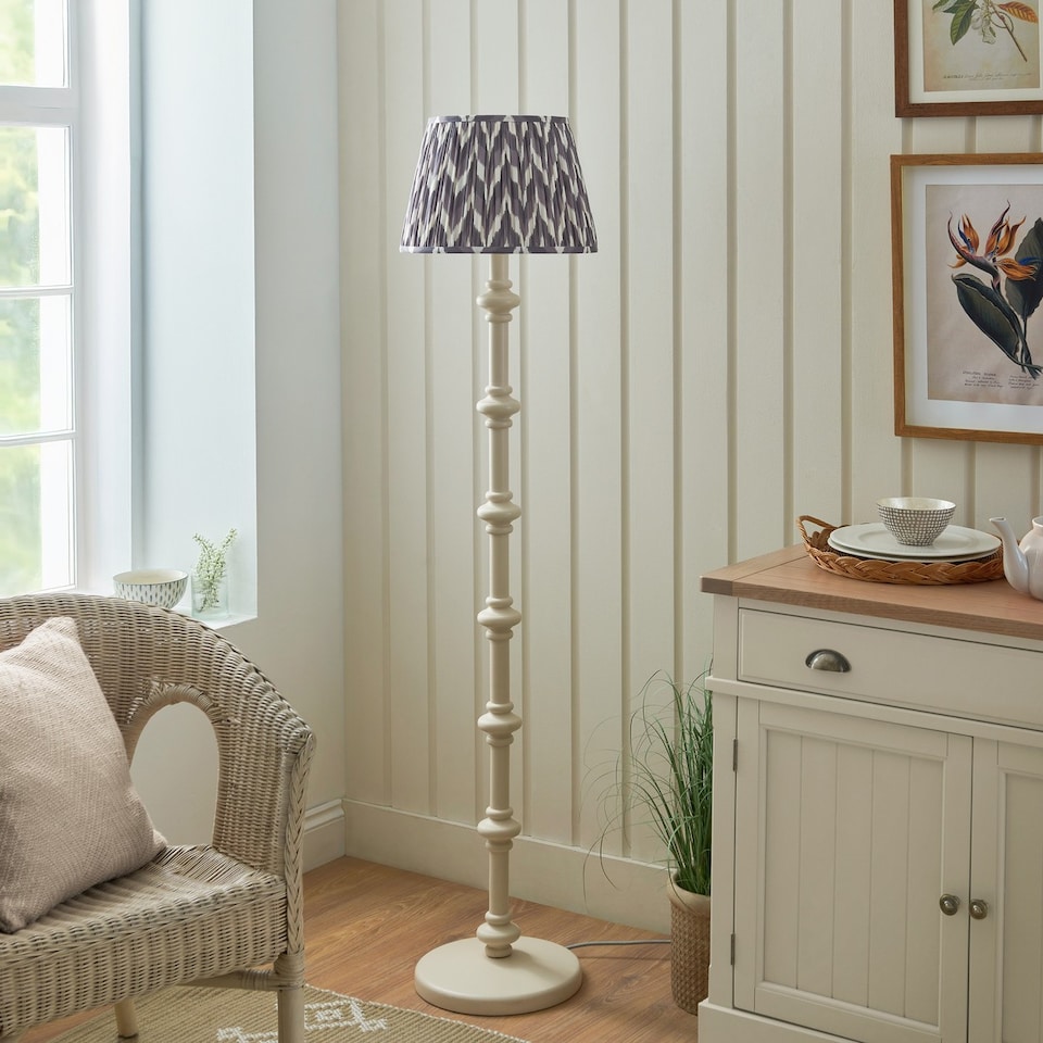 image 1 of Carnaby Satin Almond White Paint Floor Lamp with Pearl Grey Fabric Zigzag Shade 35cm B22