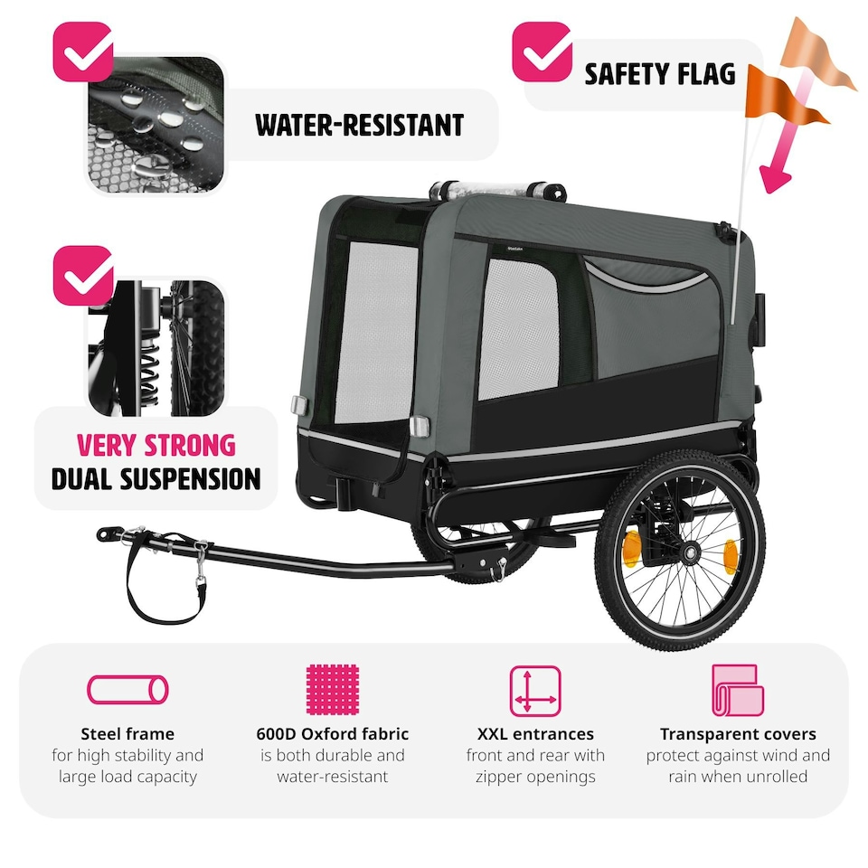 image 1 of Dog Bike Trailer - multifunctional, foldable, including reflectors, leash and flag - Grey