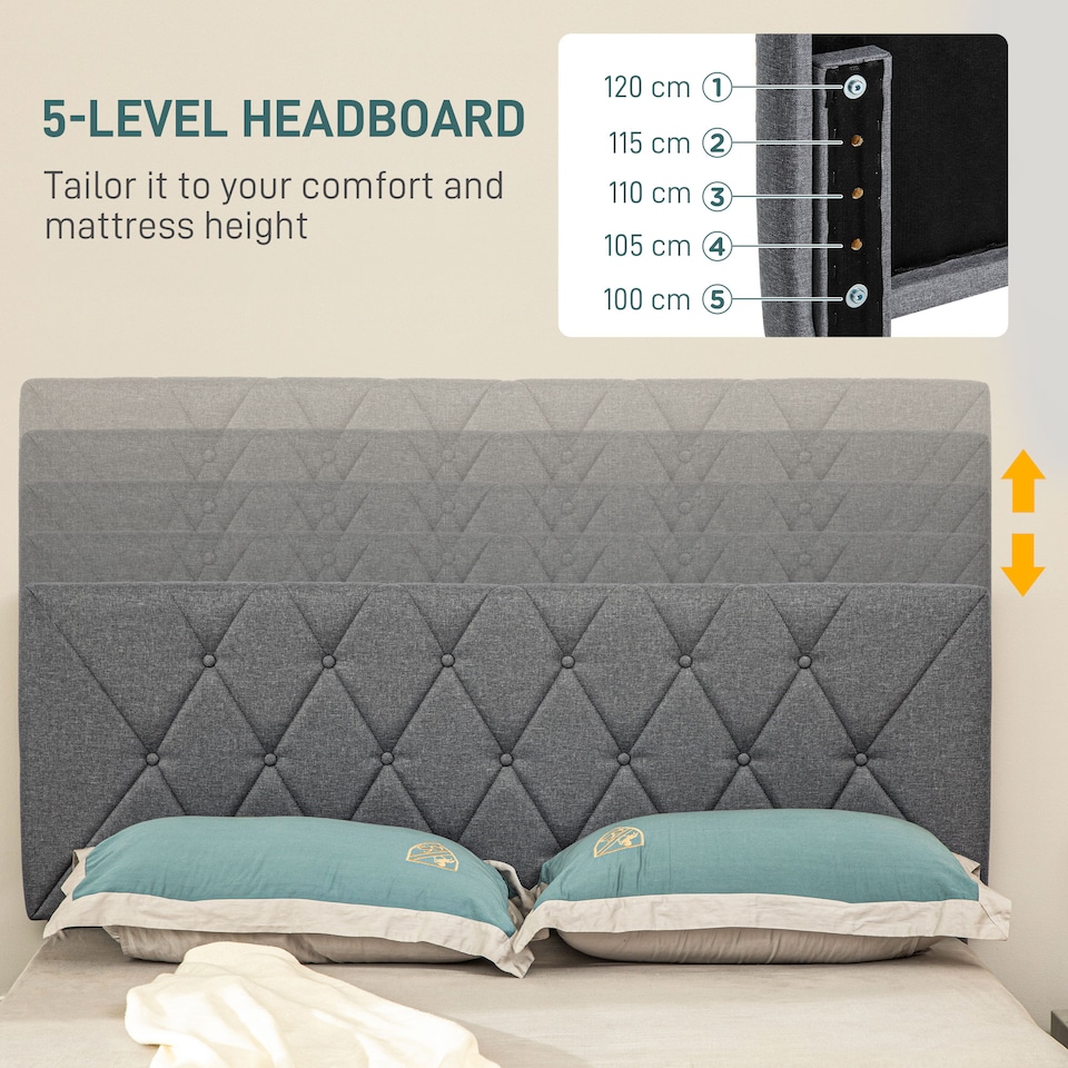 image 1 of HOMCOM Double Bed Frame with 5-Level Adjustable Linen Upholstered Headboard, Wooden Slats Mattress Foundation, No Box Spring Needed, Grey