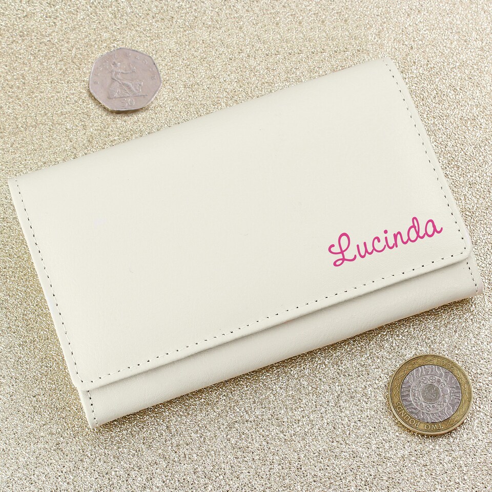 image 1 of Personalised Pink Name Cream Leather Purse Cream