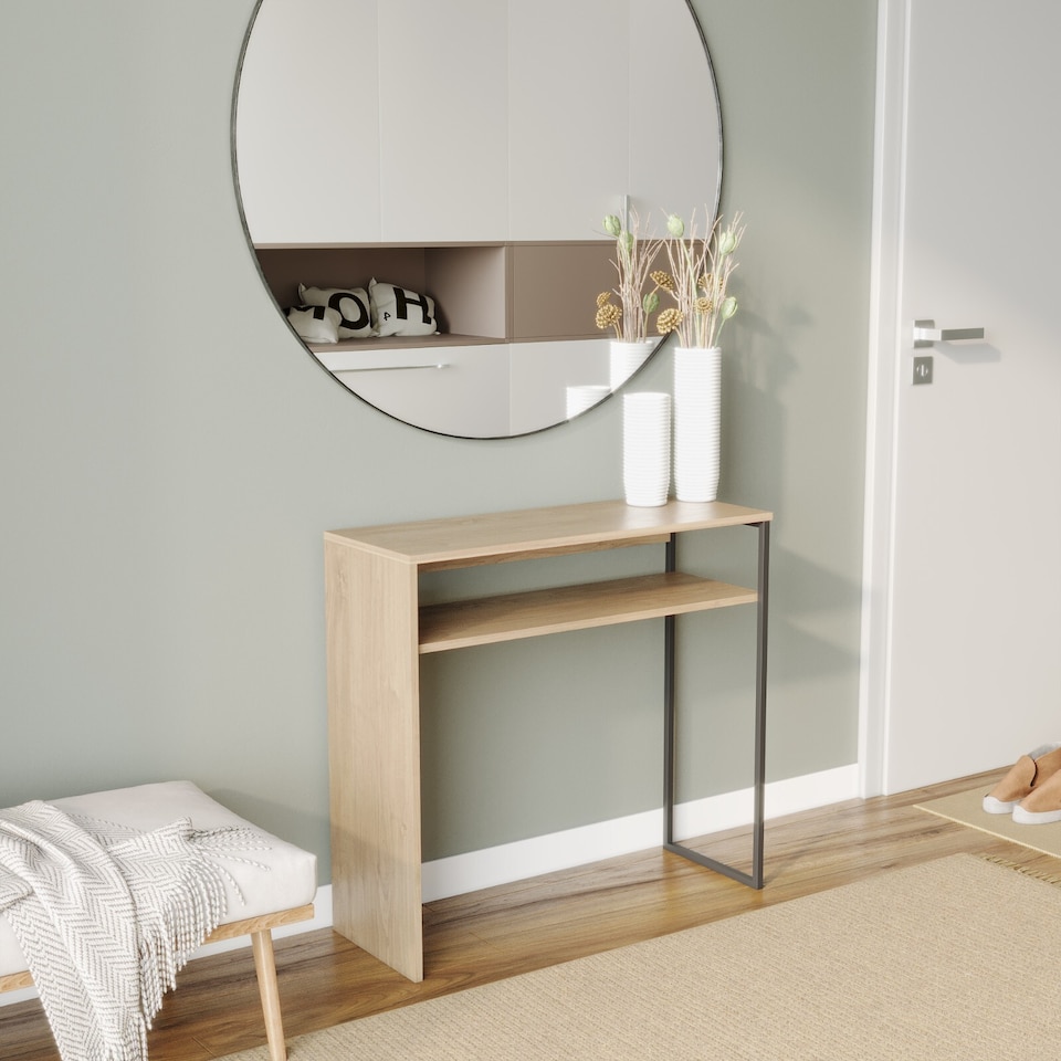 image 1 of URBNLIVING 80cm Wooden And Steel Console Table With Storage Shelf | Black | Oak | 80cm | 1