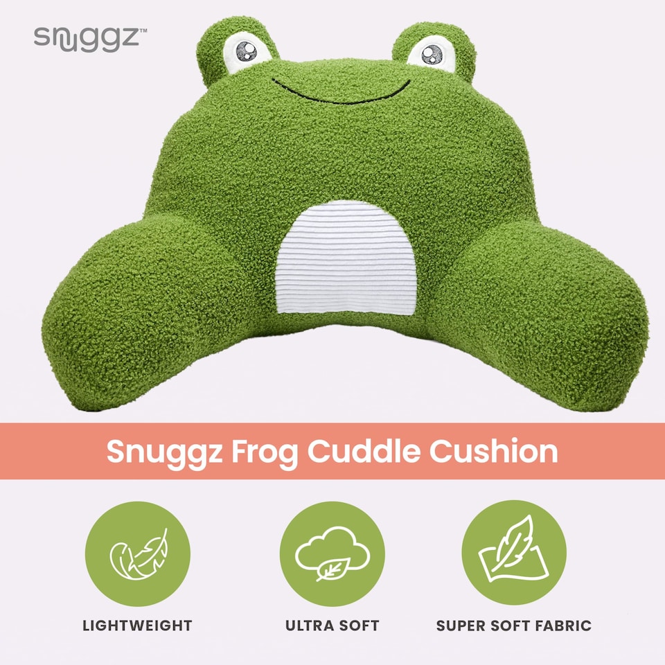 image 1 of Snuggz Frog Cuddle Cushion with Side Pocket with Carry Handle 3D Novelty Design Back Support Soft Cosy Bed Pillow - 59 x 36 x 34 cm
