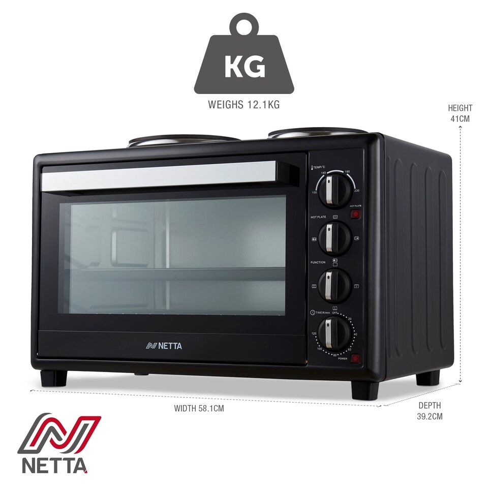 image 1 of NETTA 45L Electric Mini Oven with Double Hotplate, Grill, Adjustable Temperature and 120‑Minute Timer - 2850W