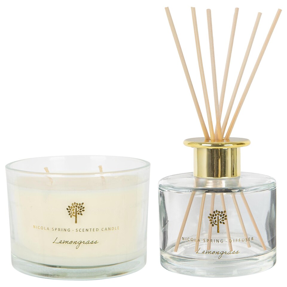 image 1 of Nicola Spring Soy Wax Scented Candle & Reed Diffuser Set - 350g - Lemongrass | Clear | Lemongrass