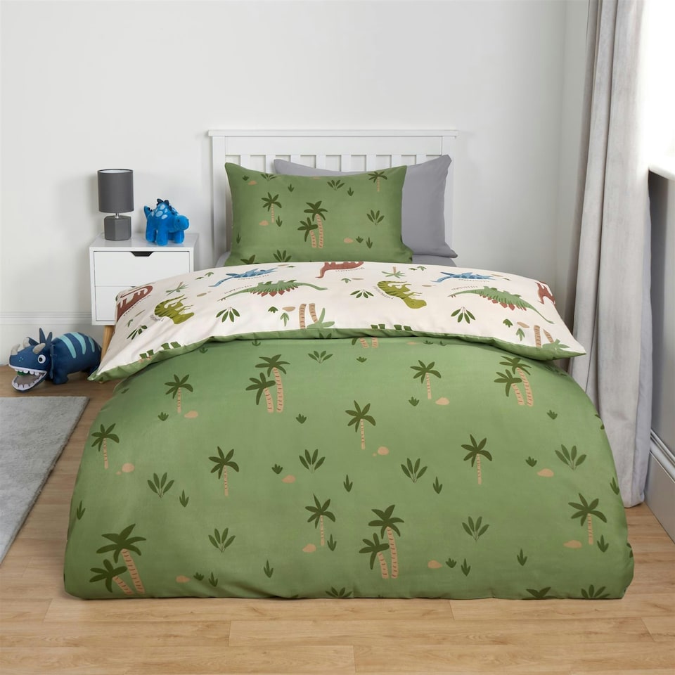 image 1 of OHS Dino Reversible Print Duvet Cover and Pillowcase Set, Junior - Green