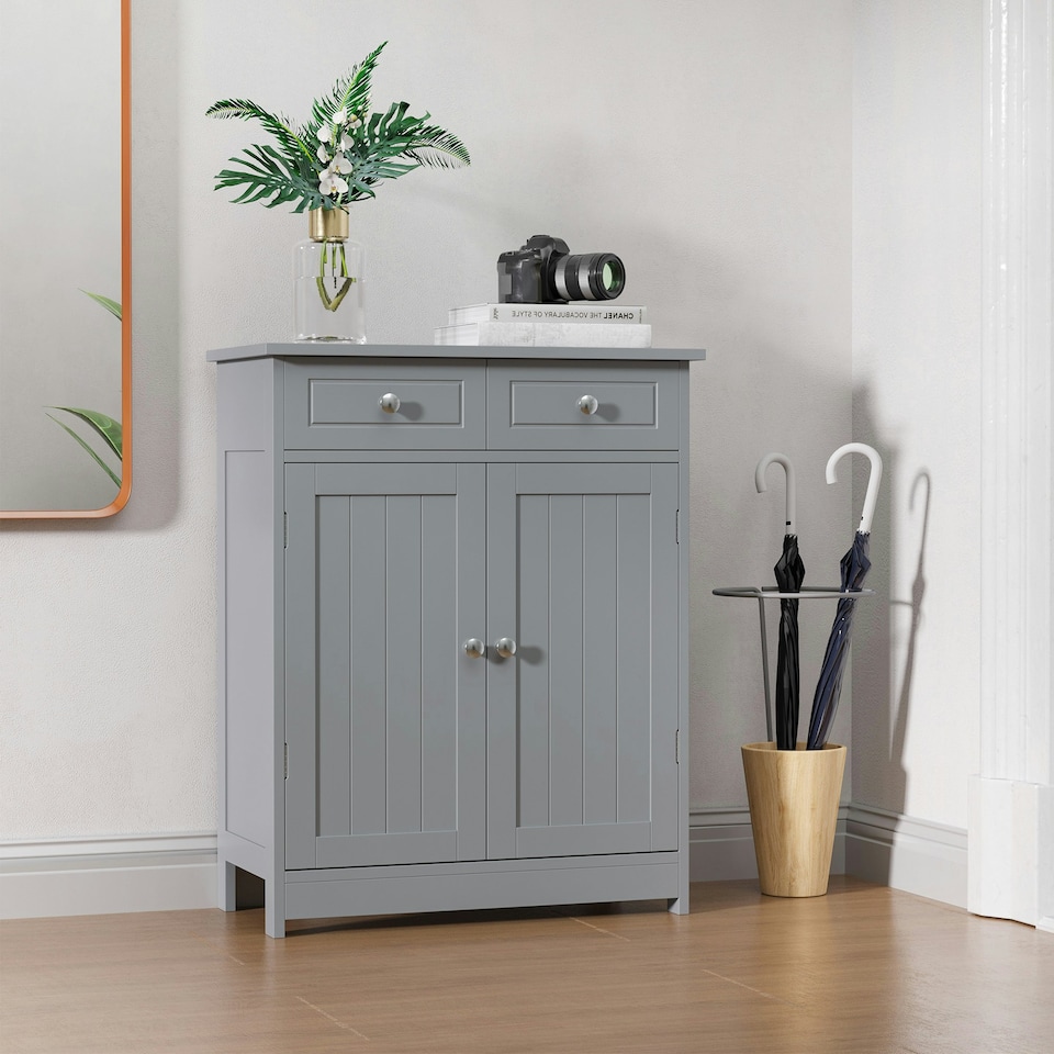 image 1 of kleankin Bathroom Floor Storage Cabinet w/ 2 Drawers Door Cupboard Grey