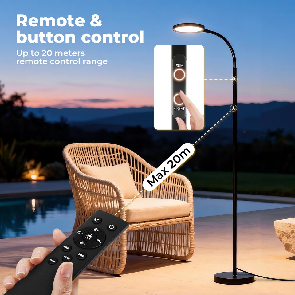 image 1 of Emitto LED Floor Lamp Dimmable Standing Reading Light Remote Control Black 12W
