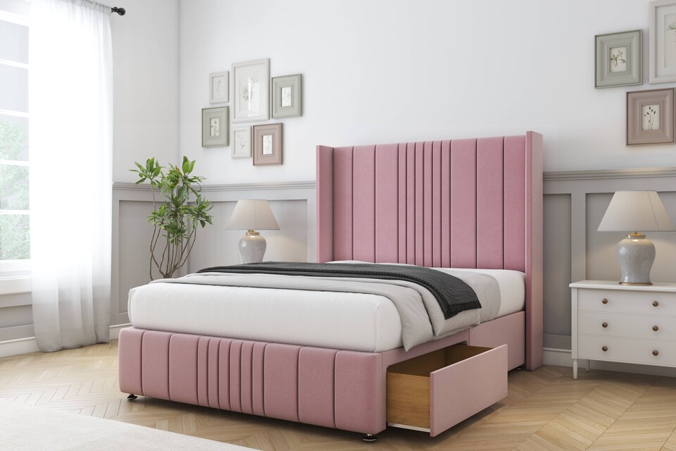image 1 of Sloomy Hargrave Pink Plush Divan Bed With Mattress No Drawers With 54" Wingback Headboard & 12" Matching Footboard 3' Single | Pink | Pink | Single | 1