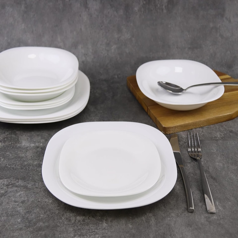 image 1 of White Opal Glass Dinner Set Plates Soup Bowls Dinnerware | White | Hudson Square - 12 Pcs | 12