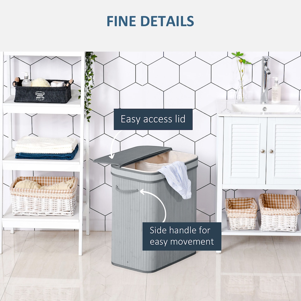 image 1 of HOMCOM 100L Wood Laundry Basket A Compartment Flip Lid Removable Lining Grey