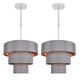 image 1 of First Choice Lighting Set of 2 Staggered 3 Tier Grey Faux Silk Slub Fabric Ceiling Adjustable Flush Shade with Copper Board Inner Chrome | Grey